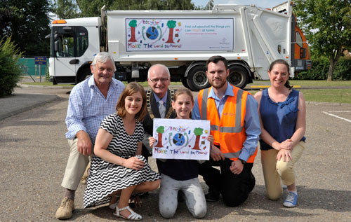 L-r: Cllr Keith Gilbert; Emma Lewins, Breckland Council waste management and engagement officer; Cllr Gordon Bambridge, chairman of Breckland Council; Katie Leigh and her winning design; Jamie Walker, Serco refuse and recycling supervisor; and Jill Leigh
