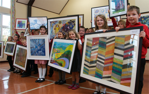 Pictures taken at the assembly to celebrate Reepham Primary School winning 18 framed prints from Arts Sparks Learning