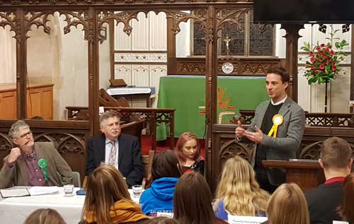 Ben Goodwin (right), Liberal Democrat parliamentary candidate for Broadland, discussing the climate emergency at a debate in Brundall