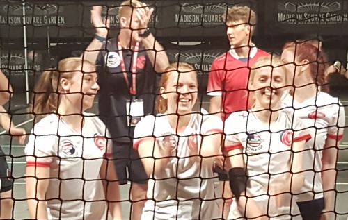 Front row, left to right: Lauren Hems, Abbie Gower and Holly Edmonds after their semi-final win. Picture: supplied