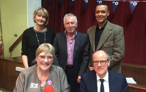 Back row (l-r): Norfolk businesswoman Rachael Waring; the BBC's Jonathan Dimbleby; and Clive Lewis, MP for Norwich South. Front row (l-r): Baroness Brinton, Liberal Democrat Party president; and Minister of State for School Standards Nick Gibb MP