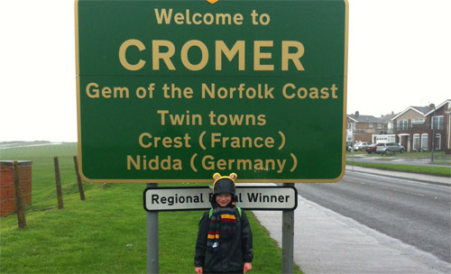 Jack Greves at the start of his 2012 walk from Cromer to Cley next the Sea along the North Norfolk Coast Path