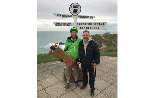Skateboarding scout leader Jon Holder (left) with support driver John McKean at Land's End