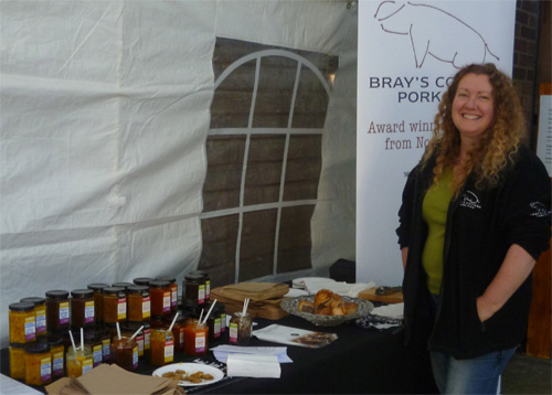 Sarah Pettegree of Bray's Cottage Pork Pies with her pies and a selection of products from Candi's Chutney, including a Black Panther-infused apple chutney that tasted excellent with a delicious burger expertly cooked by Candi Robertson on the BBQ