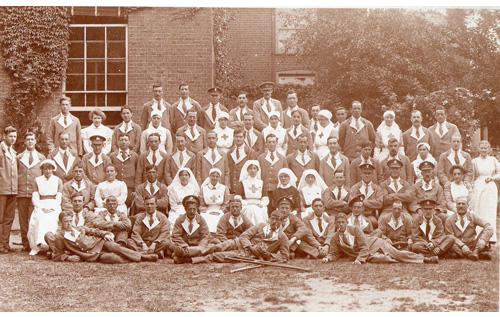 Wounded soldiers and medical staff in the Bircham Centre garden during the First World War. Photo: Reepham Archive