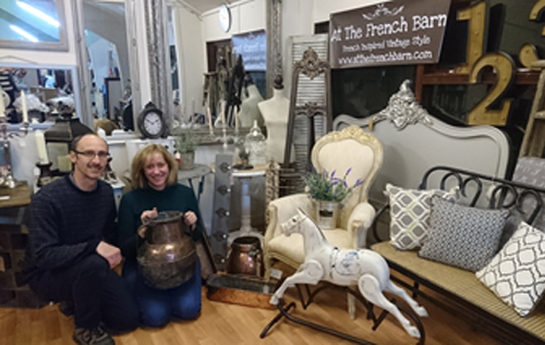 Clive and Fran Osborne with some examples of the items that will be sold on the new website for At The French Barn