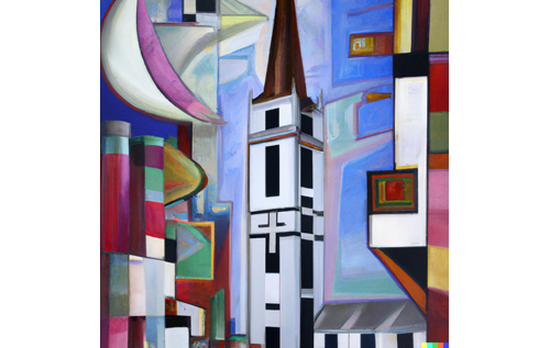 Reepham, we have a problem: DALL'·E 2's cubist painting of an English parish church whose tower is a Saturn V rocket. Image: OpenAI/DALL'·E 2