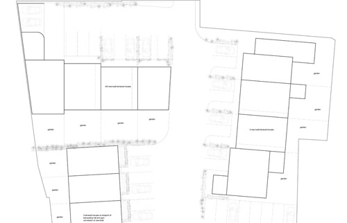 The total plan for residential dwellings at the rear of the main house calls for the creation of five two-bedroom houses and 13 three-bedroom houses