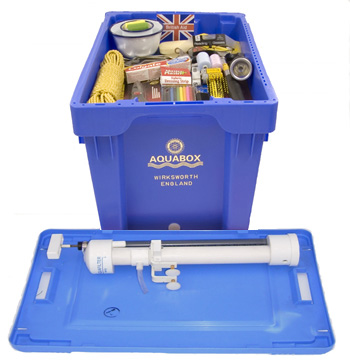 The Aquabox Gold is filled with new, specially purchased humanitarian goods and includes an AquaFilter Community filter