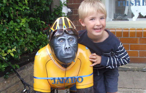 Jambo, Reepham's Tour of Britain Gorilla, and Name the Gorilla competition winner Reuben Small (that's Reuben on the right!)
