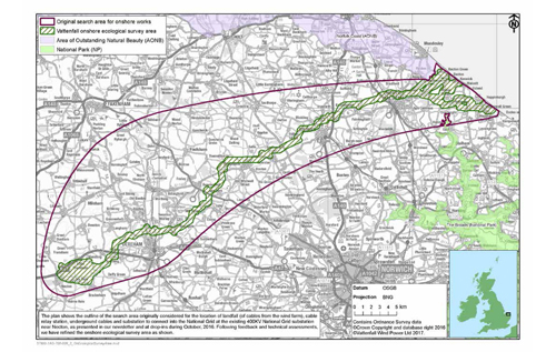 Vattenfall onshore ecological survey area for the refined cable route of the Norfolk Vanguard offshore wind farm