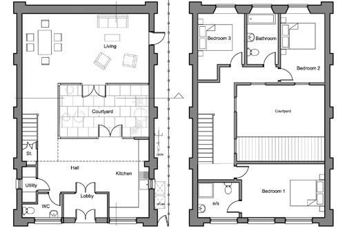 Proposed floor plans: ground floor (left) and first floor (right)