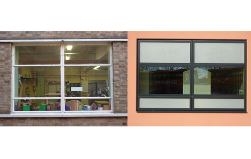 Photographs of typical classroom windows (left) fitted in the 1959 building and equivalent Velfac window fitted in the new sixth form college